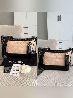 Authentic Chanel calfskin small Gabrielle hobo handbag in beige/black